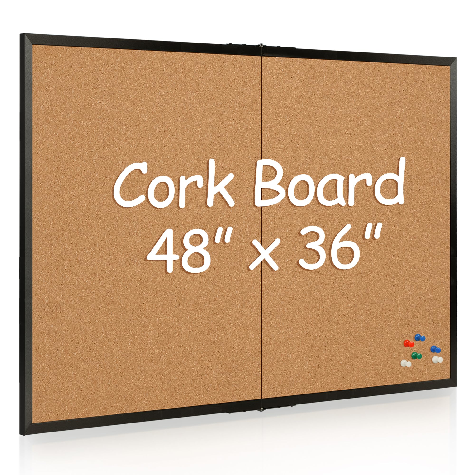 Photo 1 of Board2by Cork Board Bulletin Board 36 x 48, Black Wood Framed 4x3 Corkboard, Foldable Office Board for Wall Decor, Large Wall Mounted Notice Pin Board with 36 Push Pins for School, Home & Office