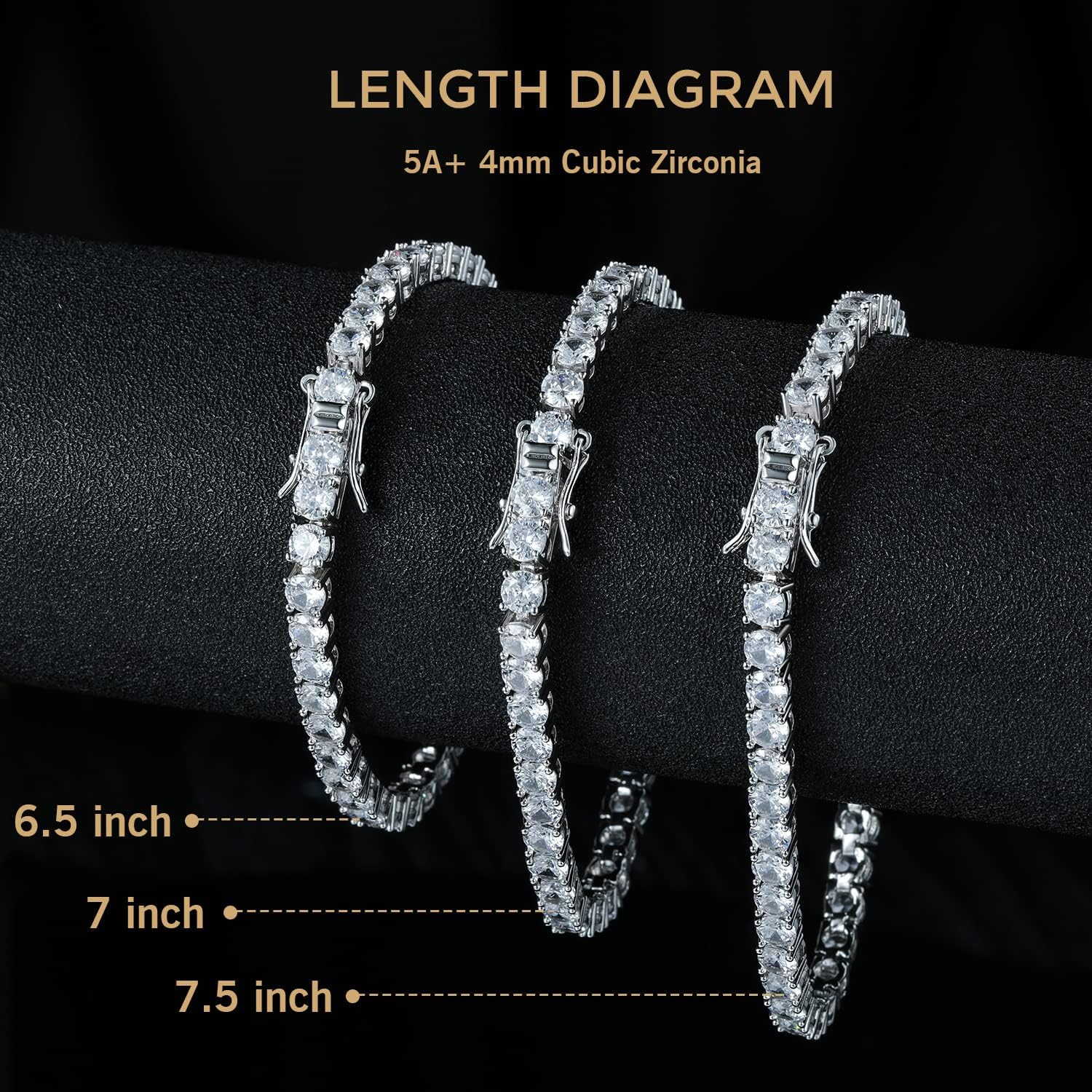 18k White Gold Plated CZ Tennis Bracelet, 4MM Cubic Zirconia Charm Bracelet for Women Men