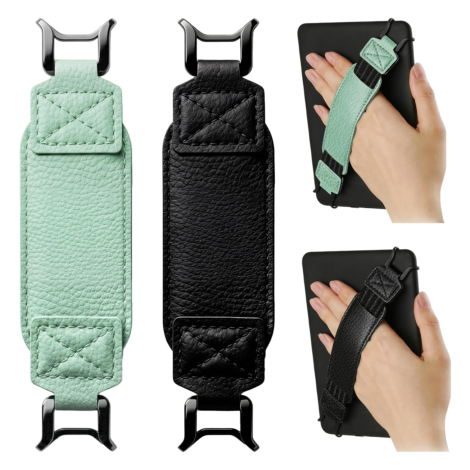Secure Hand Strap compatible with Kindle Hand Strap and Tablets, Non-Slip One-Hand Use Grip for 6-7.5 Inch E-Readers and Tablets, Lightweight High Elasticity Accessory, 2 Pack (Black and Matcha Green)
