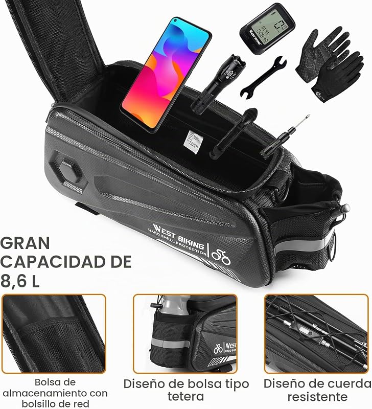 - Bolsa para portaequipajes de Bicicleta, 8,6 L, Doble Cremallera Resistente al Agua, alforja Posterior Impermeable, Bolsa de Carga con Correa y Funda para Lluvia, para Ciclismo