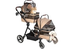 YIYUNBEBE Foldable Double Pet Stroller for 2 Small Medium Cats Dogs, Lightweight Single and Double Integrated Pet Stroller with Detachable Carriers