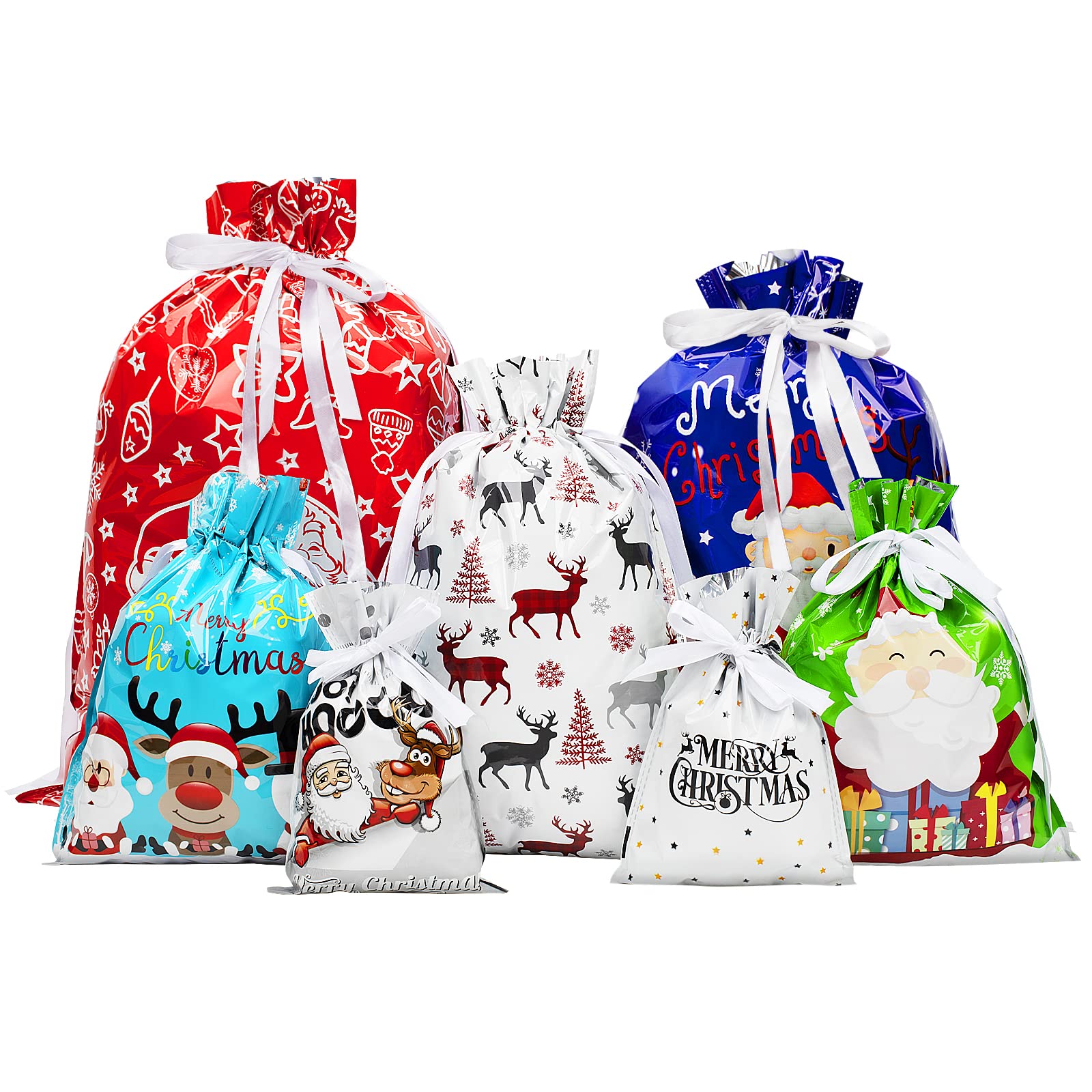 Christmas Drawstring Gift Bags, 30pcs Xmas Wrapping Gift Bags Large Medium Small Assorted Sizes, Christmas Wrap Bags Multipack, for Xmas Party, Presents, Holiday Decorations