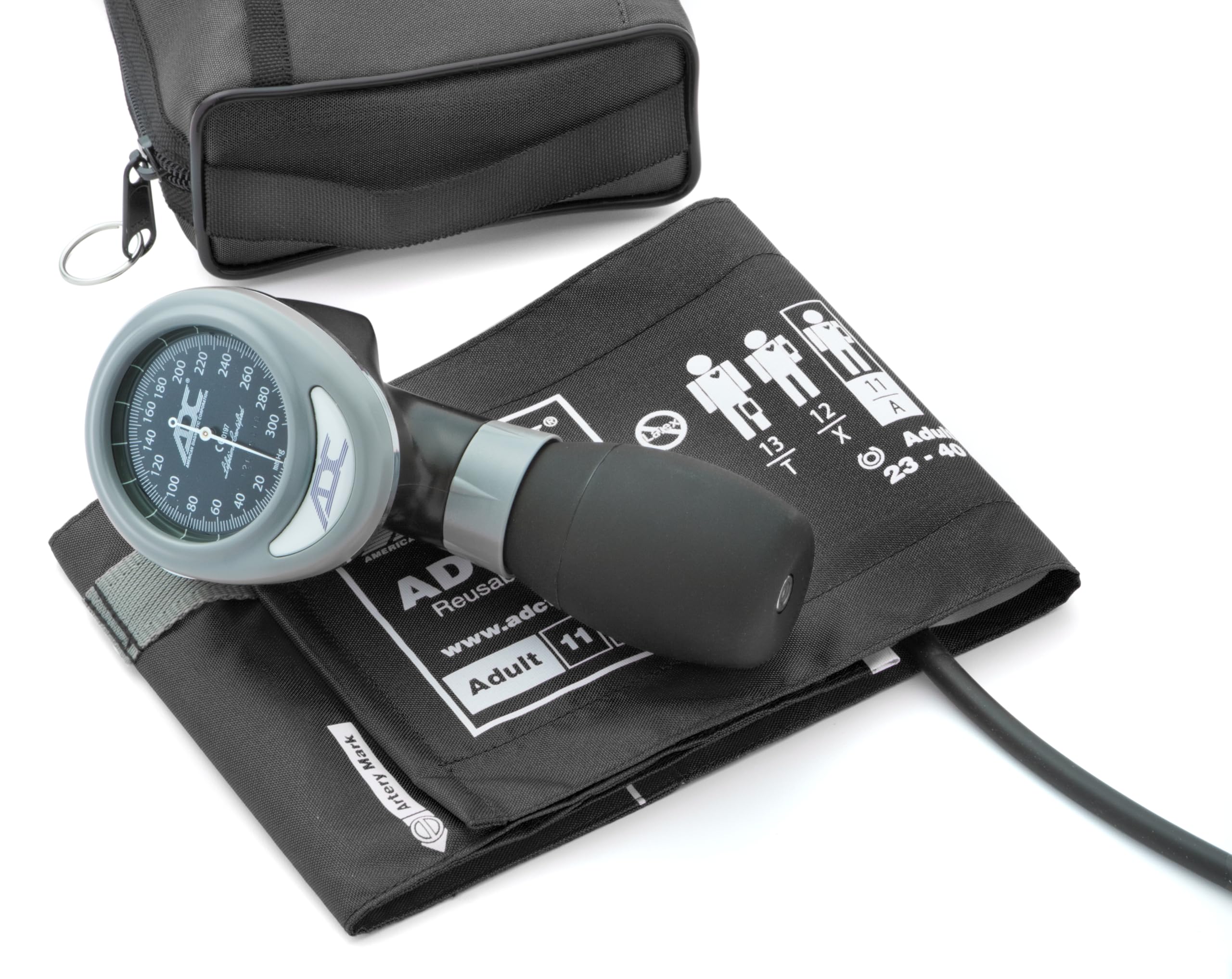 Photo 1 of ADC Diagnostix 788 Palm Aneroid Sphygmomanometer with Adcuff Nylon Blood Pressure Cuff and Carrying Case, Black