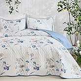 WONGS BEDDING Blue Floral Quilt Set King Size, 3 Pieces Botanical Plants Pattern Bedspread Coverlet Set with 2 Pillowcases, Soft Lightweight Microfiber Bedding Set for All Season(104"×90")