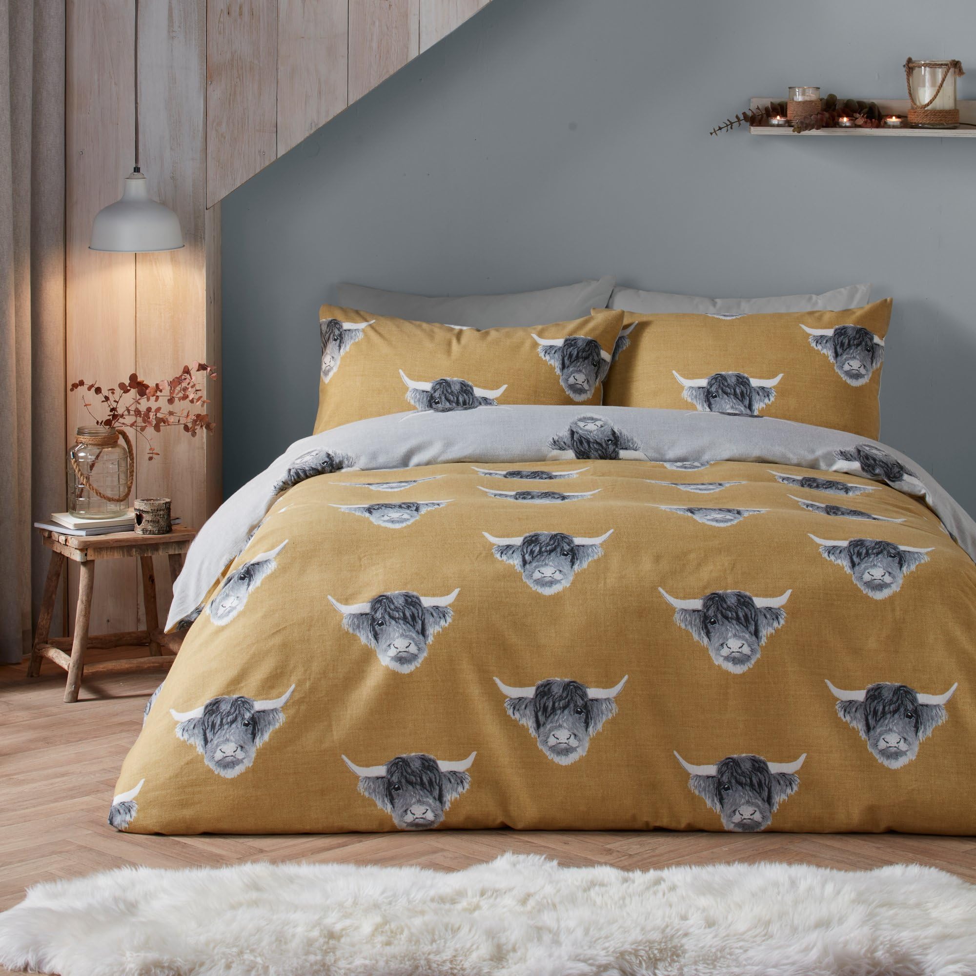 Fusion - Highland Cow ocher duvet cover - Single bed linen (140 x 200 cm) - Reversible design (ocher and grey) - Farm bedding in mustard yellow - Highland Cow Gifts, Ochre