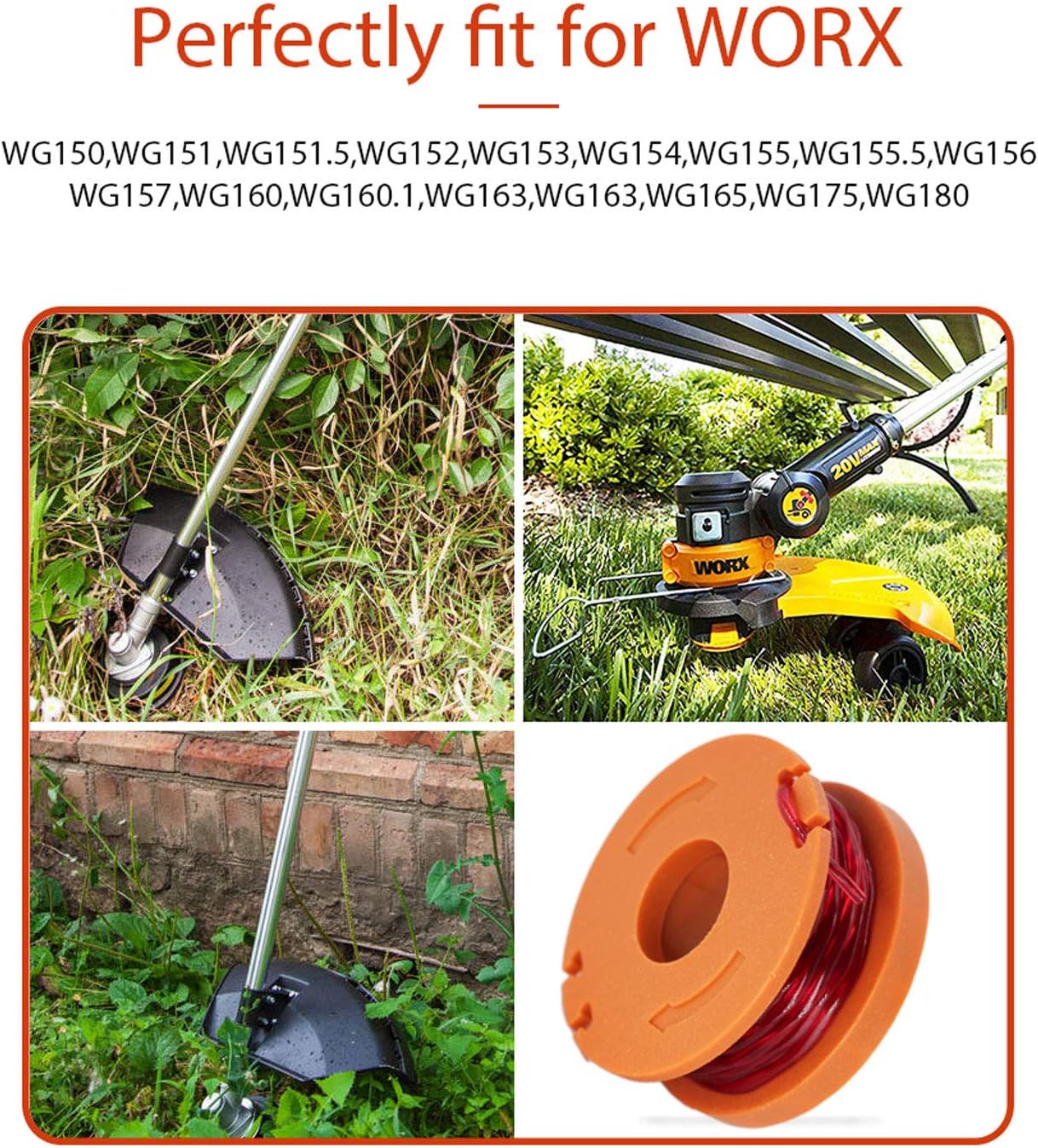 RONGJU 12-Pack Replacement Trimmer Spool Line for Worx WA0010 WG180 WG163 WG175 Electric Trimmer/Edger Weed Eater Line 10ft 0.065 ”+ 2 Pack Spool Cap Covers (12 Spools, 2 Caps) : Garden & Outdoor