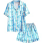Nidoul Girls Pajamas Satin Pajama Set Silk Pjs Short Sleeve Button Down Summer Bow Sleepwear for Big Kids 7-14Y