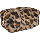 STARDW Leopard Print Makeup Bag - Plush Faux Fur Travel Cosmetic Pouch with Zipper
