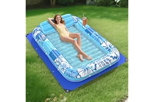POOLACC Inflatable Tanning Pool Lounger Float with Protection Tarp, 85" x 57" Pool Floats Adult with Pillow, 6 in 1 Suntan Tub Raft Floatie, Sunbathing Water Bed Lounge Blow Up Kids Ball Pit Party Gifts-Blue