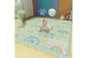 Genew Baby Play Mat for Floor, 79'' x 71'' Extra Large Playpen Mats Certified, Machine Washable, Anti-Slip, Thicker & Soft Cushioning Cotton Crawling Floor Mat for Kids, Toddler, Infant, Green Rainbow