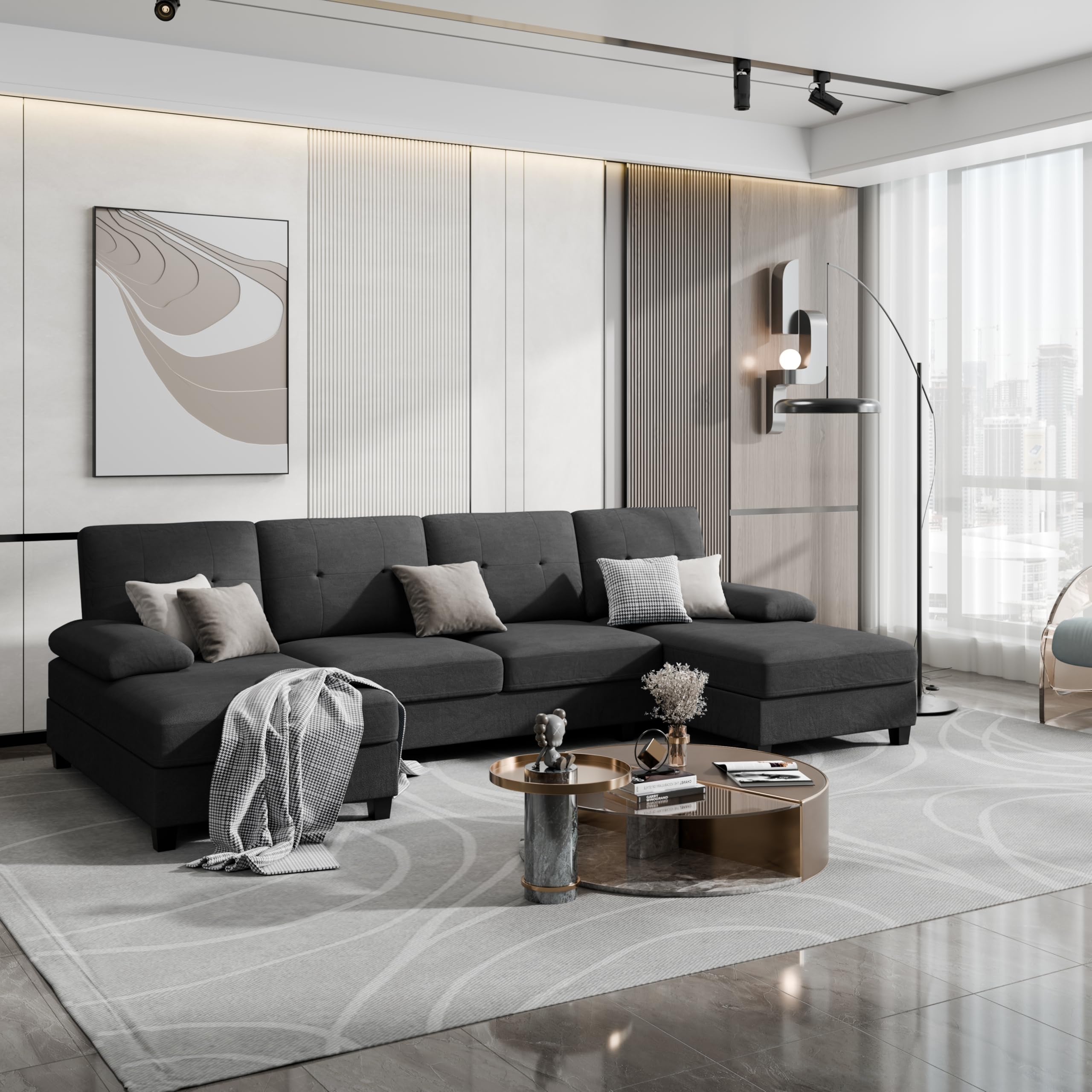 Photo 1 of **Missing Parts**
Shintenchi Sectional Couches for Living Room, U-Shaped Sectional Sofa Couch with Double Chaise, 4-Seat Modern Couch Set for Apartment, Sofa Home Furniture, Black