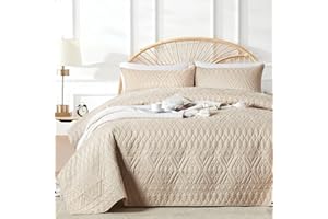 akkialla Full/Queen Size Quilt Bedding Set,Beige Lightweight Microfiber Soft Bedspread,Modern Style Geoetric Pattern Coverlet Set for All Seasons,3 Piece(1 Quilt,2 Pillow Shams)
