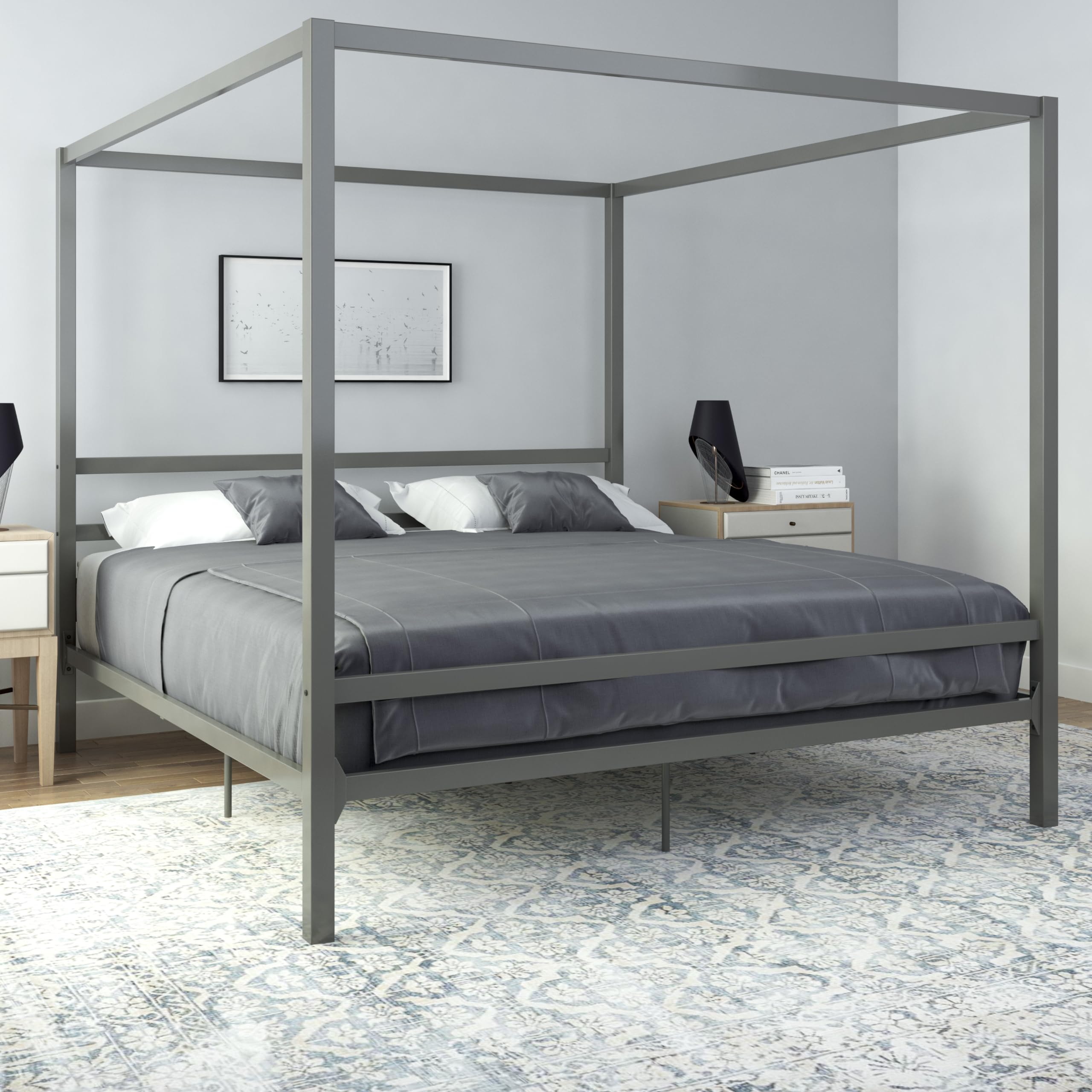 Photo 1 of **DAMAGE, SOLD FOR PARTS** DHP King Metal Canopy Bed, Modern Design with Built-In Headboard, Sturdy Frame, No Box Spring Needed, Gunmetal Gray