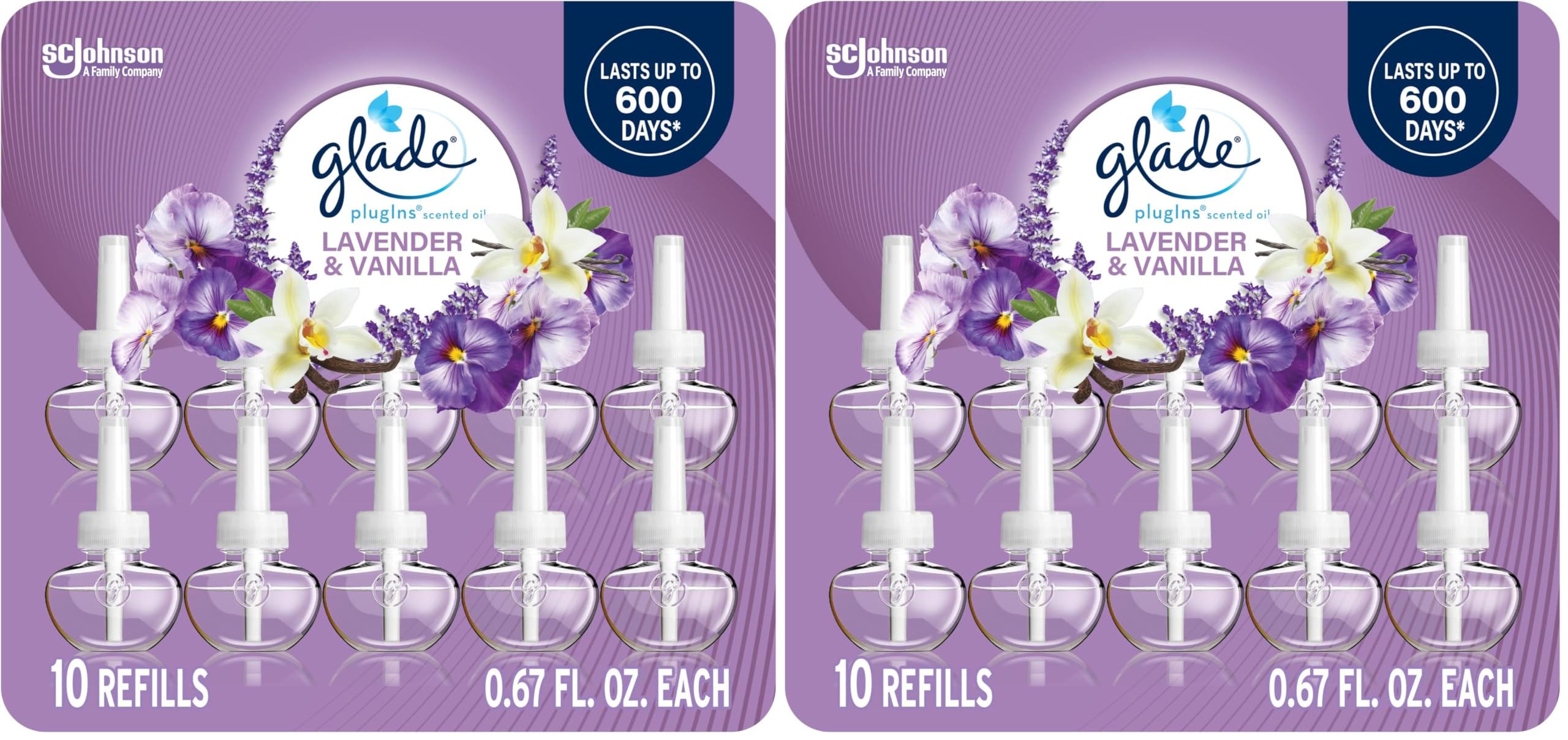 Glade PlugIns Refills Air Freshener, Scented and Essential Oils for Home and Bathroom, Lavender & Vanilla, 6.7 Fl Oz, 10 Count (Pack of 2)