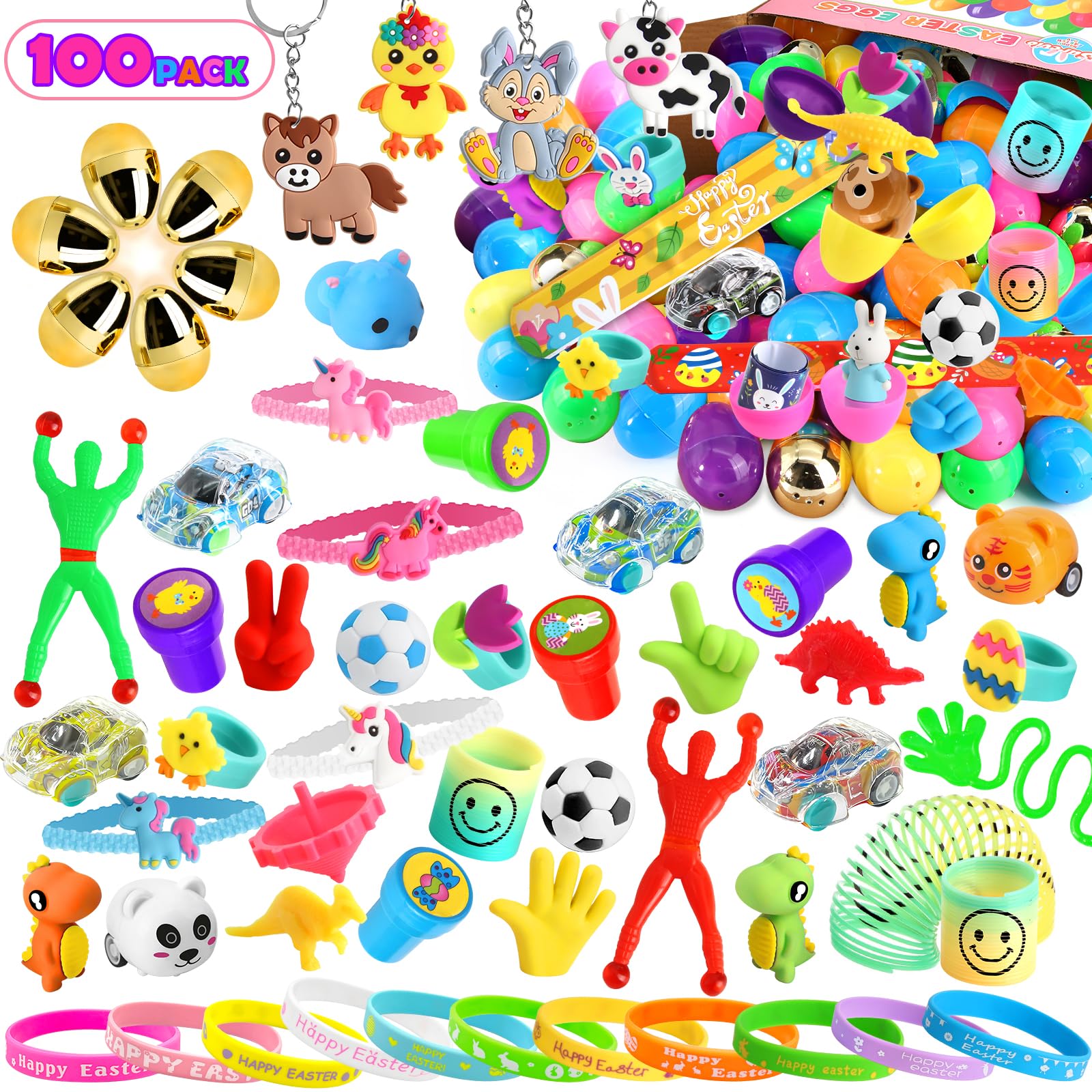 [ 6 Surprise Golden Eggs ] 100 Pack Prefilled Easter Eggs with Assorted Toys Inside, Pre-filled Easter Egg Hunt Stuffed, 100 Plastic Easter Eggs Fillers with Fidget Toys, Easter Basket Stuffers