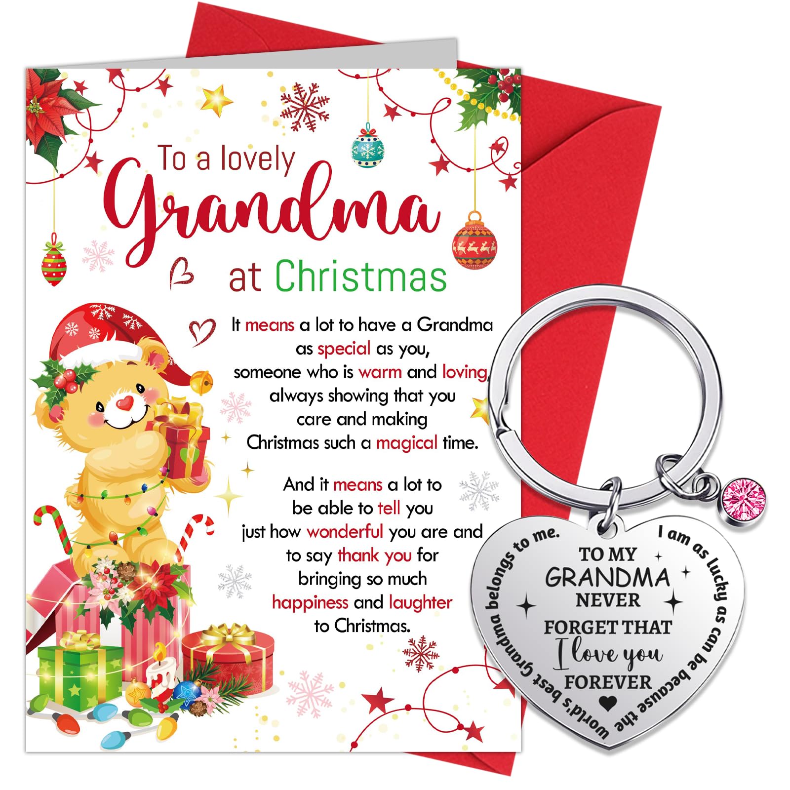 HOWAF Grandma Christmas Card, Xmas Card Grandma Gifts & Keyring, Gifts for Christmas