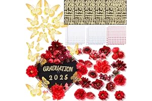 Hoteam Graduation Cap Decorations Kits Included Faux Flowers 3D Butterfly Stickers Self Adhesive Rhinestones Glitter Alphabet Letter Stickers for Grad Cap Topper DIY Craft Art Decor(Red)