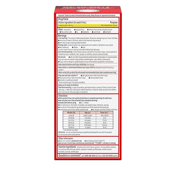 CHILDREN’S TYLENOL LIQUID PAIN RELIEF & FEVER MEDICINE, ORAL SUSPENSION, DYE-FREE, ACETAMINOPHEN, NO ASPIRIN, NO IBUPROFEN, NO HIGH FRUCTOSE CORN SYRUP; CHERRY FLAVOR, 8 FL. OZ.; PACK OF 1