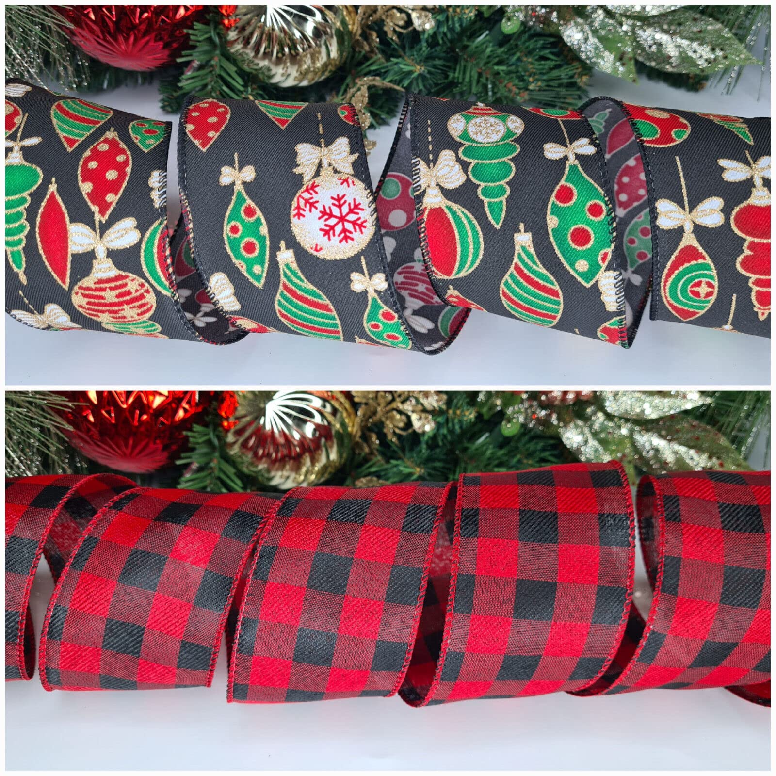 indigo Wire Edge 6.3cm wide Christmas Ribbon for Gift Wrapping, Xmas Tree Garland Decor - Pack 2 Designs (Xmas Baubles and Red Tartan)