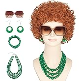 Yan Dream Women Short Curly Red Brown Wig and Glasses Green Oversized Jewelry Set Party Cosplay Wig