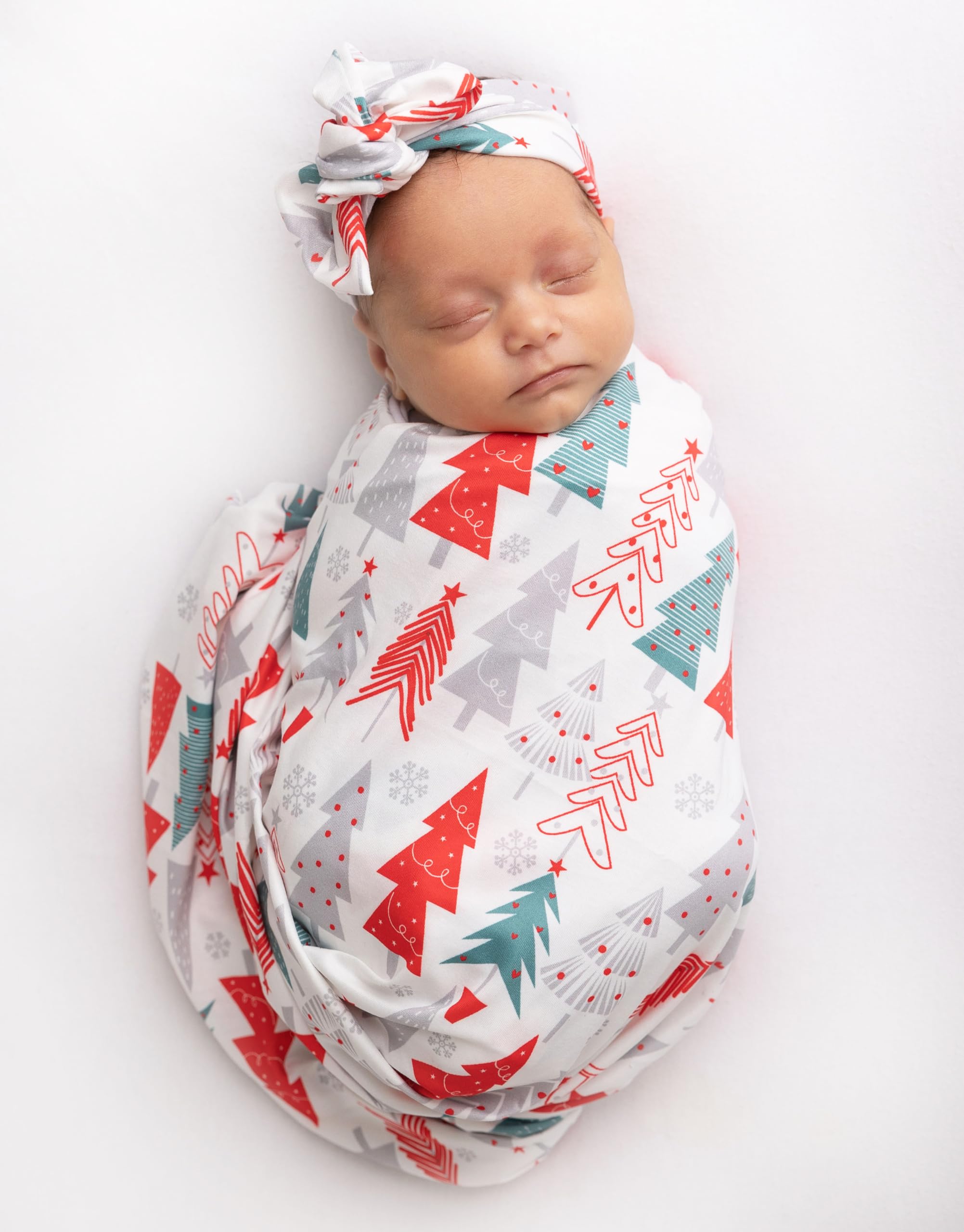 Photo 1 of Vollmic Newborn Baby Girl Receiving Blanket Swaddle Blanket Stretchy Knit Swaddle Set with Matching Headband and Beanie (Red Tree Christmas)