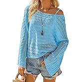 Saodimallsu Womens Crochet Beach Cover Ups Summer Off The Shoulder Long Sleeve Crop Boho Sheer Boat Neck Sweater Tops