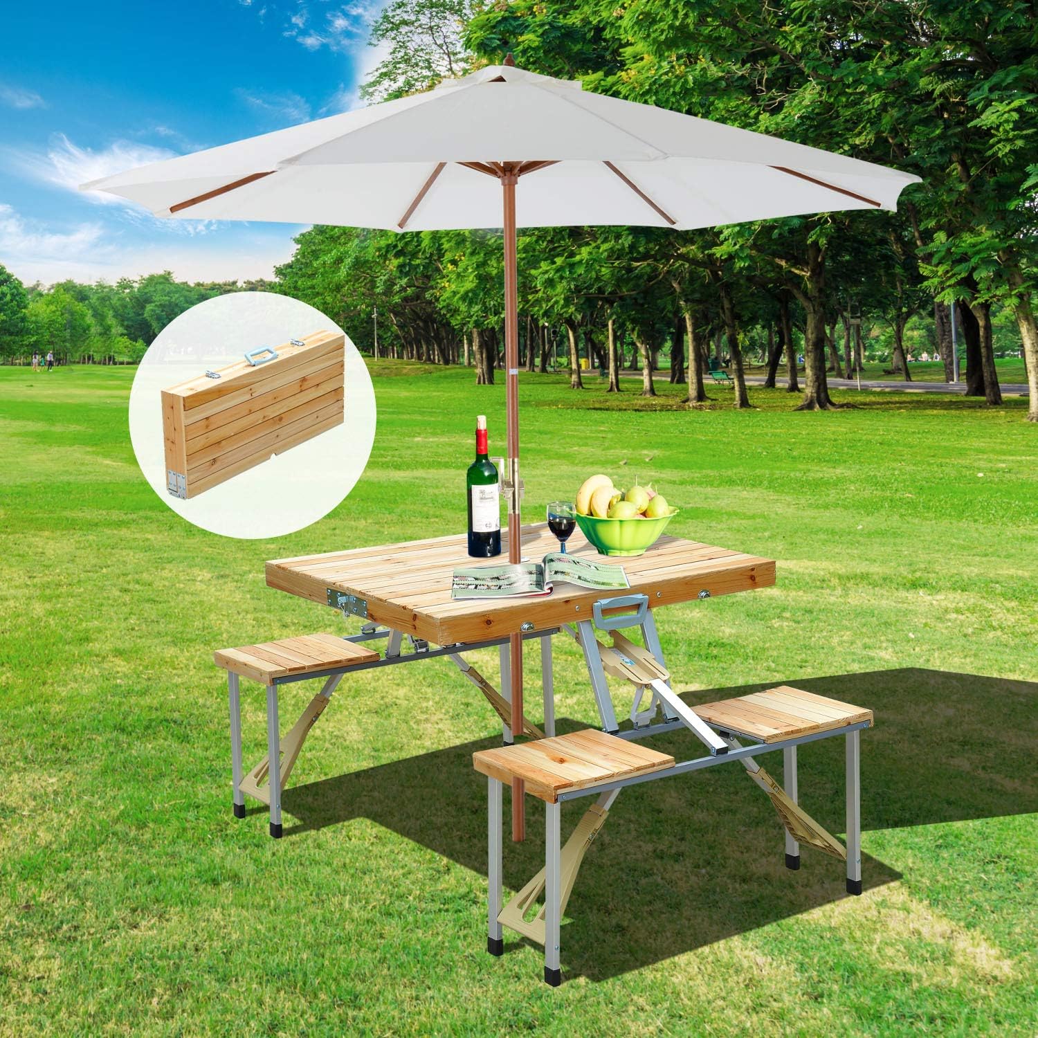 Outsunny Portable Foldable Camping Picnic Table with Seats Chairs and Umbrella Hole, 4-Person Fold Up Travel Picnic Table, Wood : Outdoor And Patio Products : Garden & Outdoor