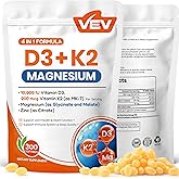 VEV Vitamin D3 K2 10,000 IU Magnesium Supplement – with Vitamin D and K (MK-7), Magnesium Glycinate & Malate, Zinc Citrate – 300 Softgels for Energy, Bone & Muscle Support