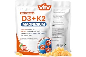 VEV Vitamin D3 K2 10,000 IU Magnesium Supplement – with Vitamin D and K (MK-7), Magnesium Glycinate & Malate, Zinc Citrate – 300 Softgels for Energy, Bone & Muscle Support