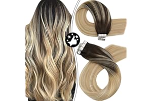 Moresoo Tape in Human Hair Extensions Brown Rooted Tape in Extensions Balayage Darkest Brown to Blonde Hair Extensions Tape in Real Human Hair Ombre Hair Extensions Glue in 20 Inch #2/27/613 20pcs 50g