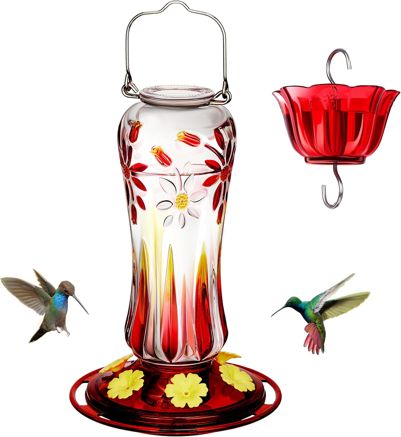 Backyard Birding & Wildlife - Kingsyard Hummingbird Feeder for Outdoors Hanging, Glass Hummingbird Feeders with 5 Feeding Stations, 25 Ounces, Red (Ant Moat Included)