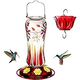 Kingsyard Hummingbird Feeder for Outdoors Hanging, 25 Ounces, Glass Humming Bird Nectar Feeder with Ant Moat & 6 Feeding Ports, Leak Proof, Red