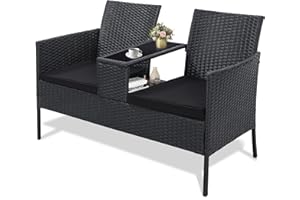Kromax Wicker 2 Seat Patio Loveseat, Outdoor Rattan Loveseat with Table, Washable Cushion Covers, Backyard, Garden, Lawn, Black Rattan with Black Cushion