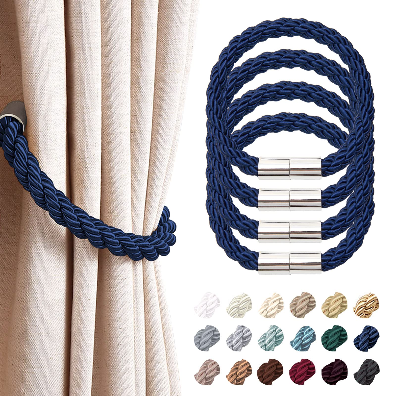 Pretty Jolly 4 Pack Strong Magnetic Curtain Tiebacks Modern Simple Style Drape Tie Backs Convenient Decorative Weave Rope Curtain Holdback for Thin or Thick Home & Office Window Drapery (Royal Blue)