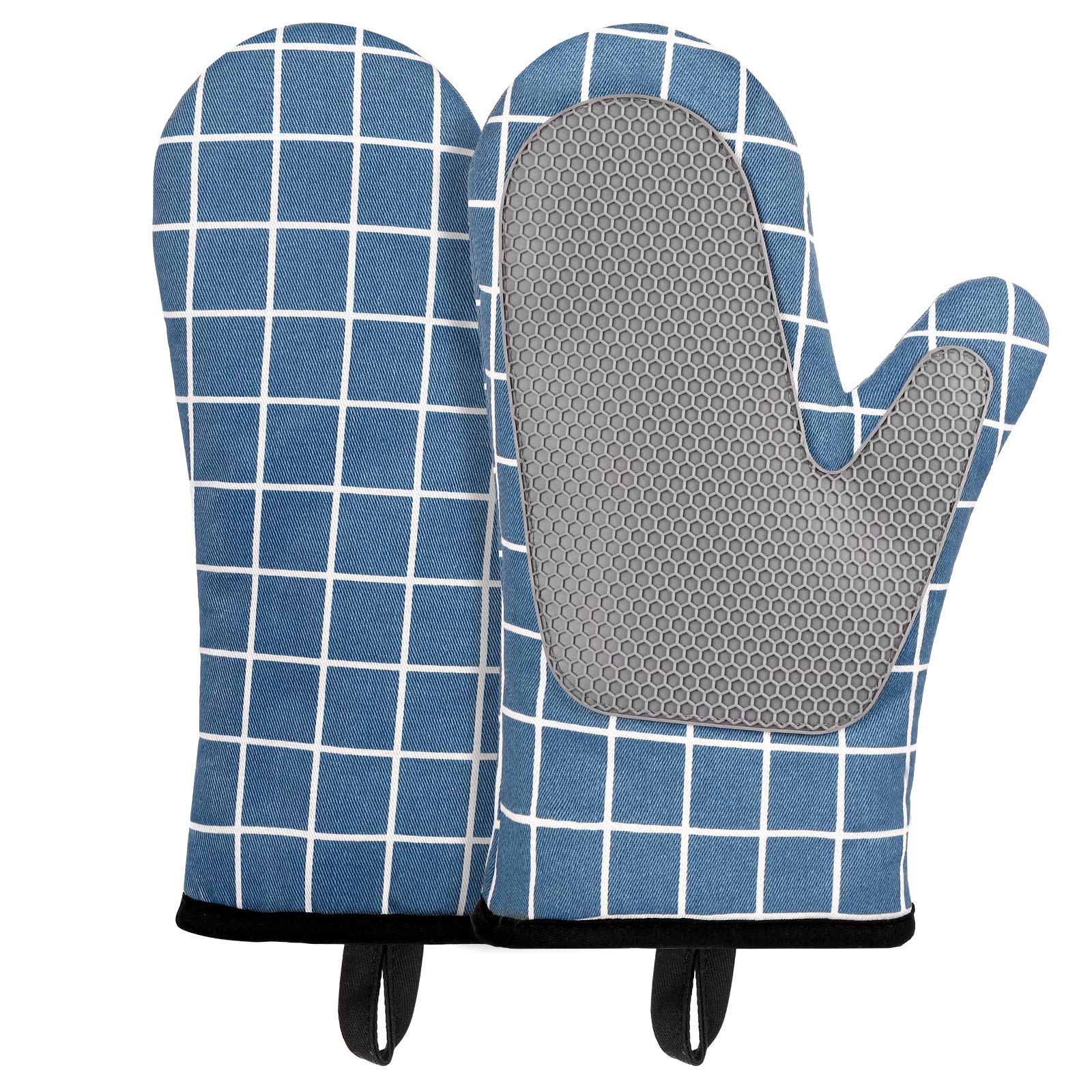 Micacorn Oven Gloves Heat Resistant, Silicone with Cotton Double Oven Mitts with Cotton Lining and Non-Slip Surface for Cooking Baking Grilling Barbecue Microwave Gauntlet(Blue)
