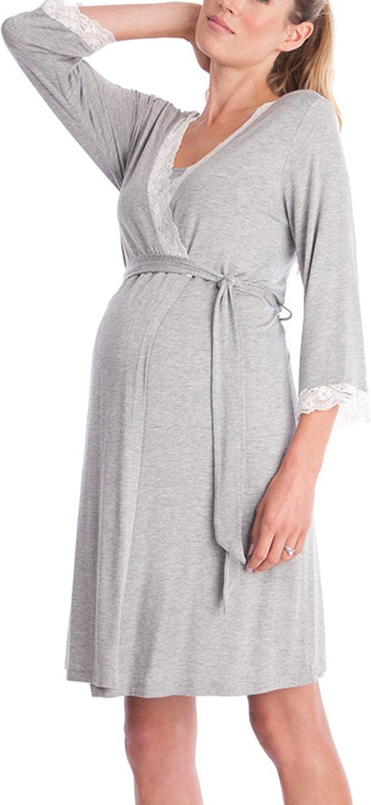 Aiffer Women Maternity Nursing Pajamas V Neck Nightgown,Lace Stitching Pregnancy Postpartum Breastfeeding Leisure Sleepwear Dress.