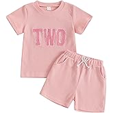 Lamuusaa Toddler Baby Girl Birthday Outfit Short Sleeve One/Two Embroidery T-shirt Waffle Elastic Shorts 2Pcs Summer Clothes