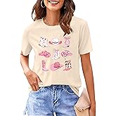 HQP Western Graphic Tees for Women Cowgirl Pink Boots Shirt Country Concert Short Sleeve Vintage Cowgirl Tops