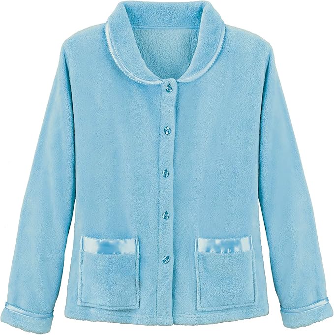 Super Soft Fleece ButtonFront Satin Trim Bed Jacket at Amazon Women's