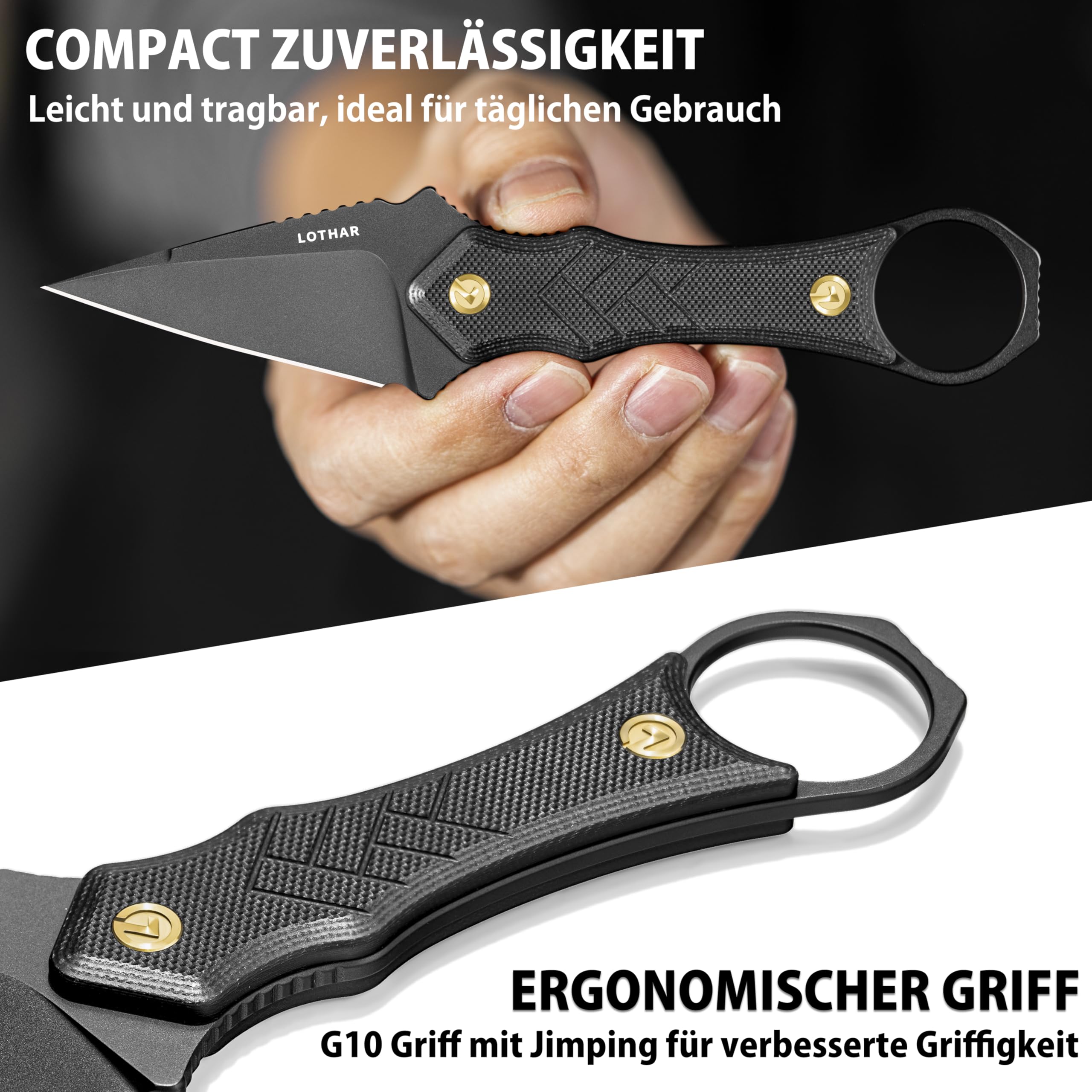 LOTHAR PORCUPINE 14C28N Stahl Neck Knife Messer,42A Fulltang Kleines Feststehendes Messer mit G10 Griff, Outdoor Messer mit Kydex Scheide und Gürtelclip (Schwarze Klinge) 2
