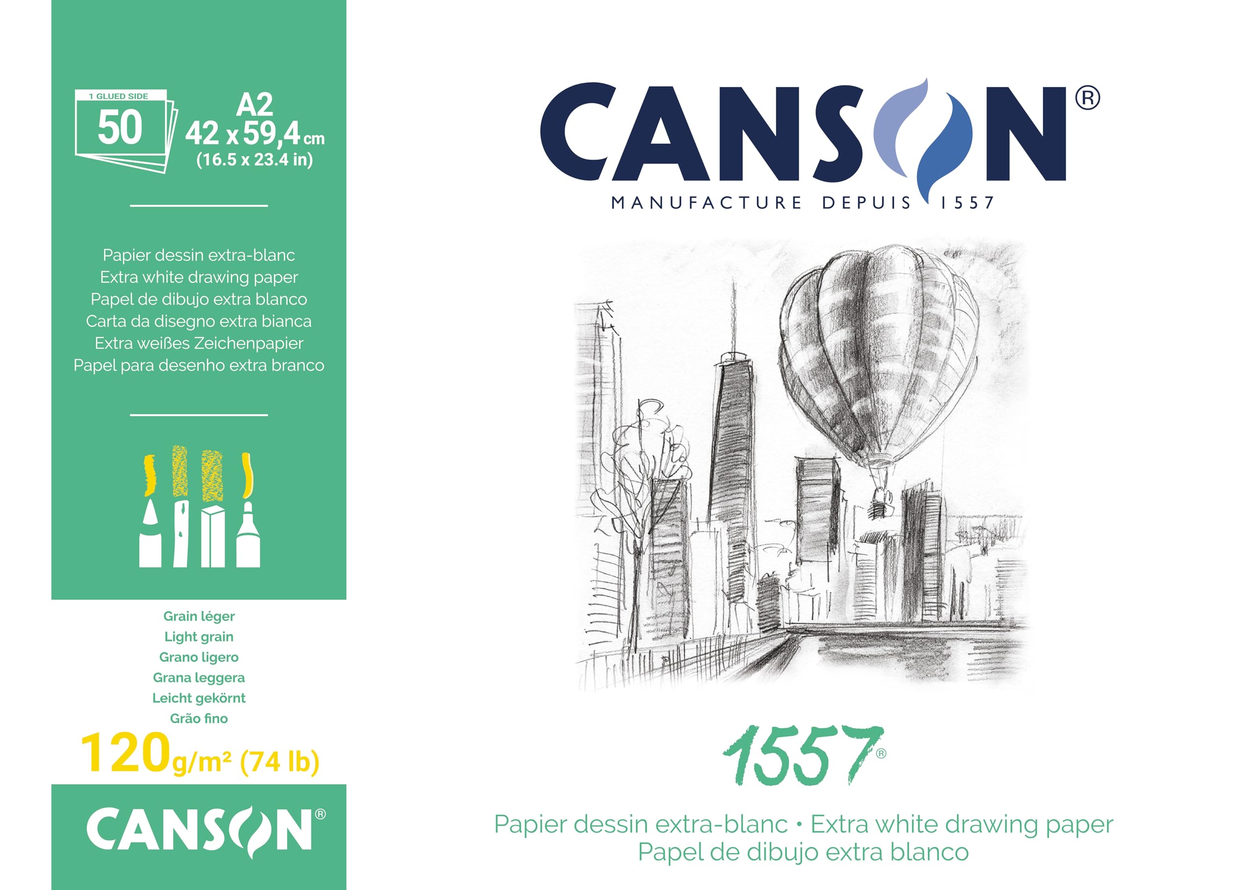 CANSON 1557 Extra White 120gsm A2 Sketch Paper, Light Grain, 50 Sheets, for Professional Artists & Illustrators