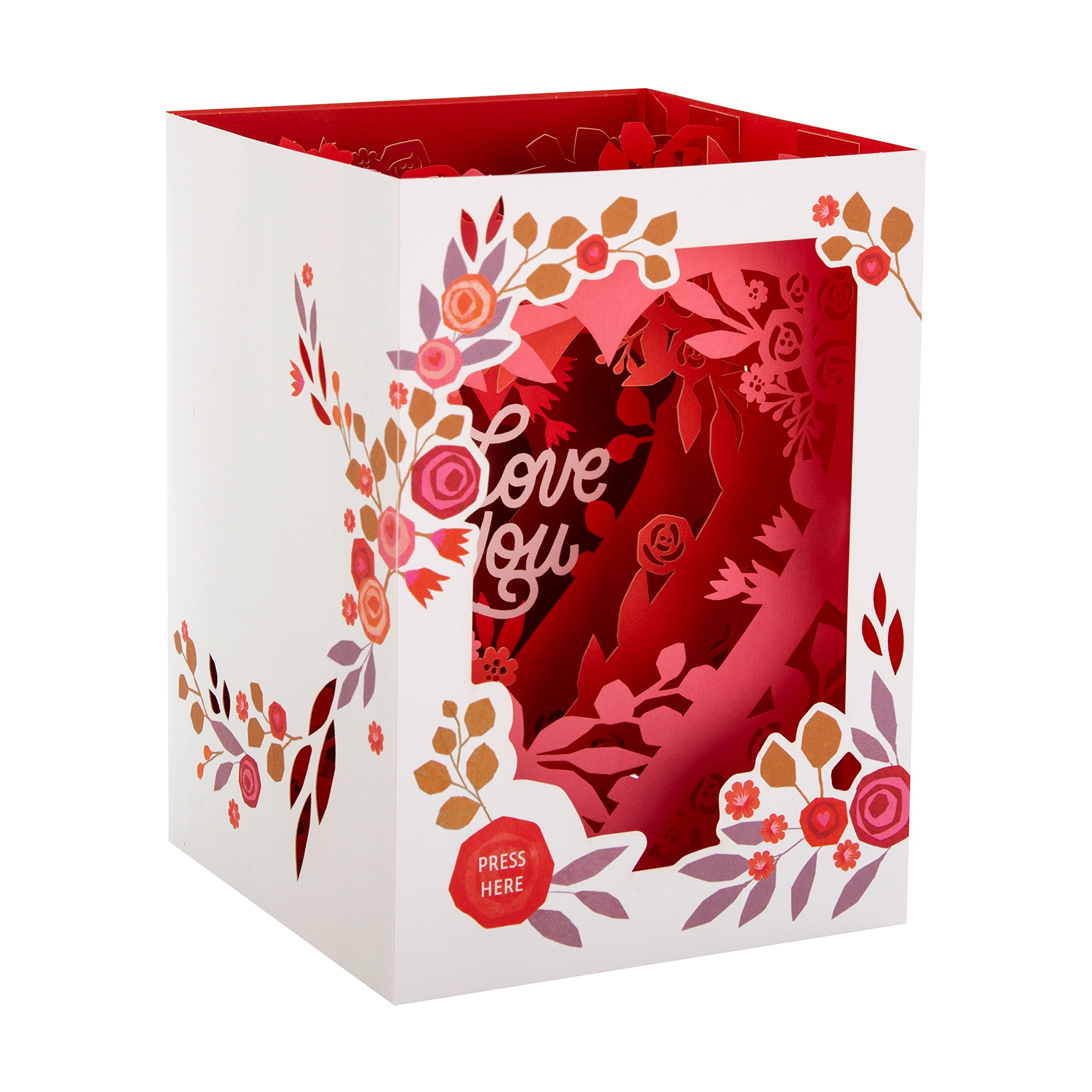 Hallmark Valentines Day Card, 3D & Pop Up Shadowbox Design, Florals & Roses, Musical, Pink, White