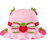 YUROCUTE Women&rsquo;s Strawberry Crochet Hat Knitted Fruit Bucket Hat Cute Ruffle Brim Cap Halloween Costume Cosplay Party
