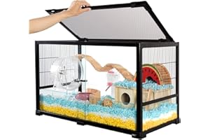 OIIBO Large Glass Hamster Cage, 32" L x 16" W x 18" H Deluxe Hamster Cage with Big Room Chew-Proof Gerbil Cage with Front Sliding Door Hamster Cages and Habitats for Gerbils Mice Dwarf Syrian Hamster