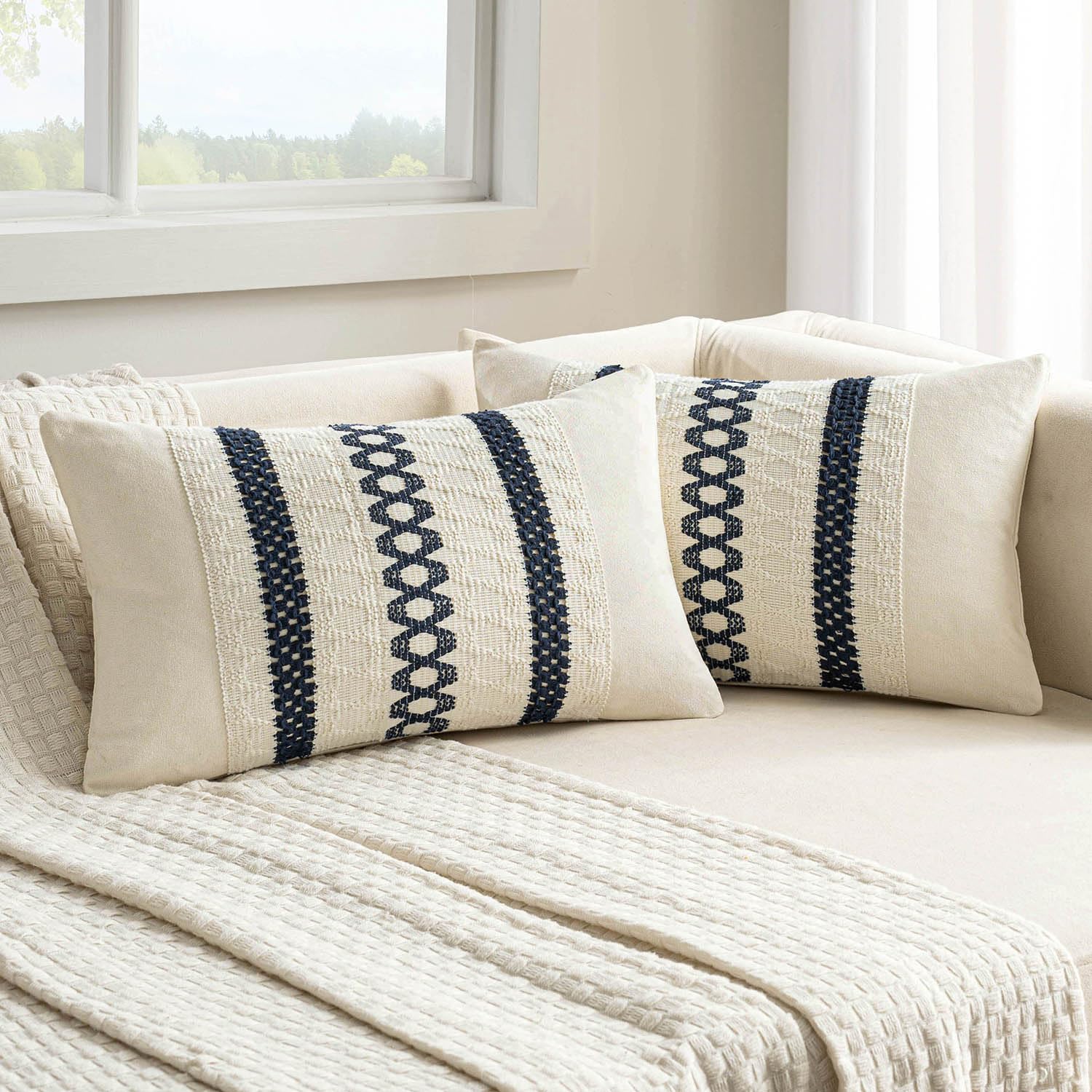 Photo 1 of MIULEE Set of 2 Navy Blue Boho Decorative Lumbar Pillow Covers 12x20 Inch Farmhouse Rustic Couch Throw Pillows Modern Cotton Cushion Covers Retro Cute Macrame Woven Home Decor for Bed Sofa Chair
