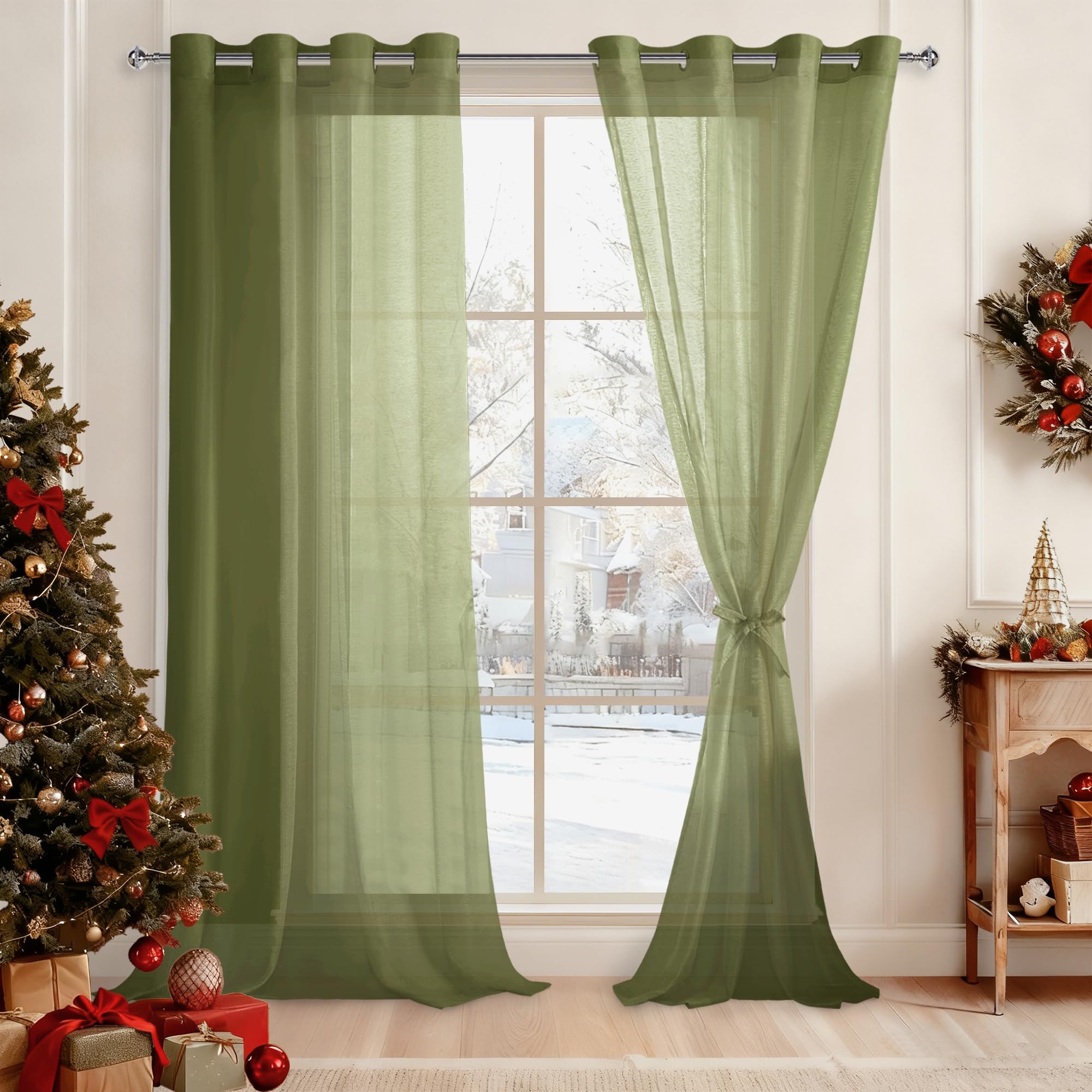 DWCN Green Sheer Curtains with Tiebacks Semi Transparent Voile Grommet Curtains Elegant Window Curtains for Bedroom and Living Room,2 Panels,W52 x L96