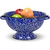 Red Co. Enamelware Metal Classic 10.5 Inch Round Food Strainer Colander with Two Handles, Navy Blue Marble/Black Rim &ndash; Splatter Design