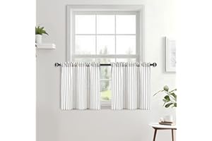 JIUZHEN Striped Linen Kitchen Curtains 2 Panels - Short Tier Drapes with Rod Pocket, Farmhouse Cafe Curtains for Small Window