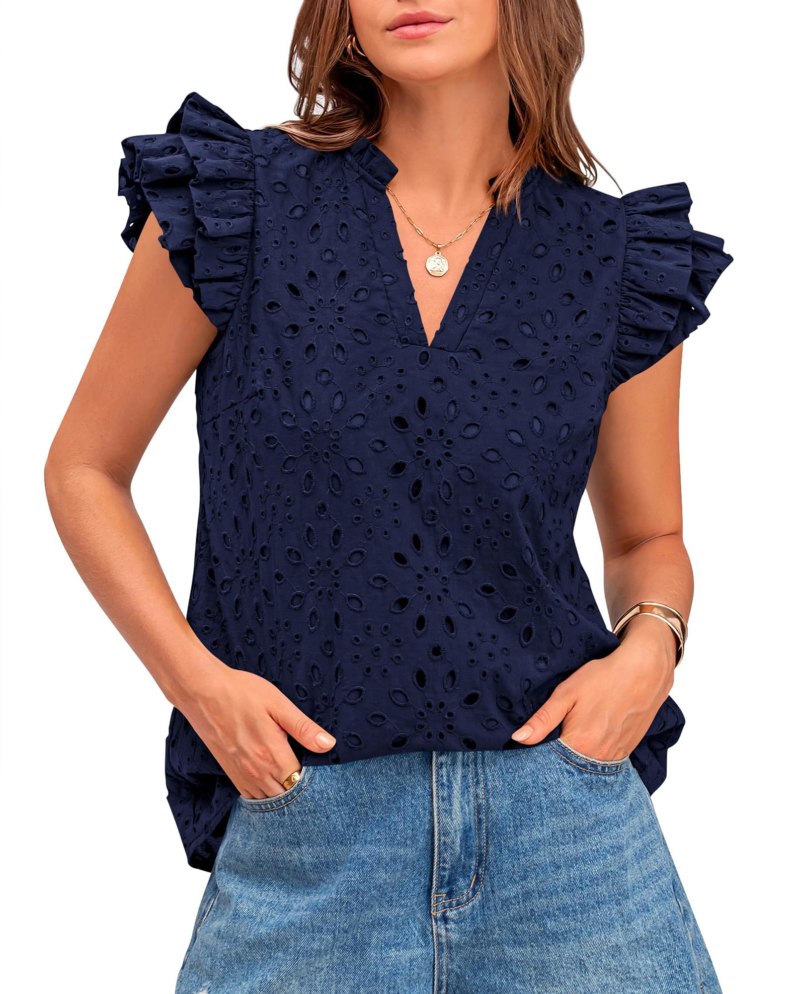 BTFBM Women Summer Eyelet Tops Dressy Casual V Neck Ruffle Cap Sleeve ...