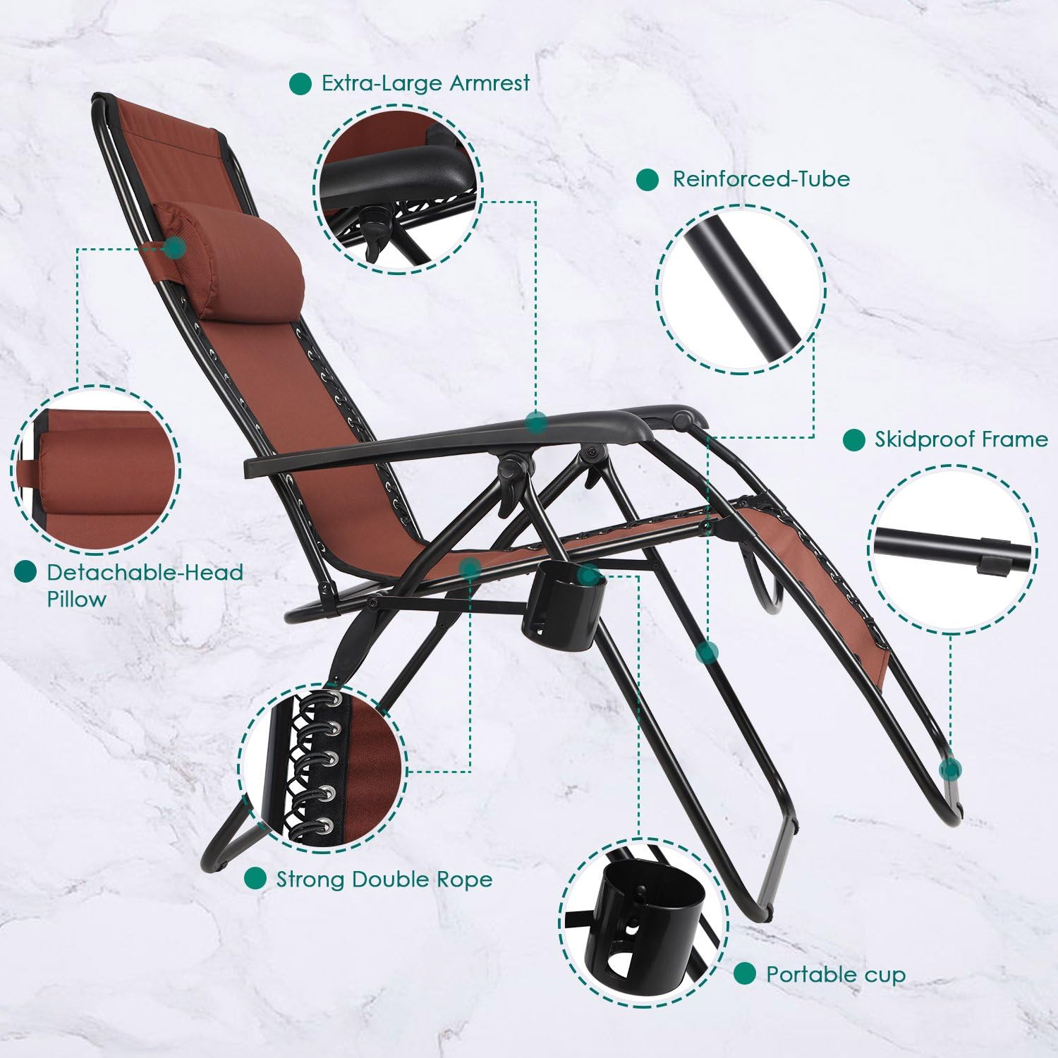 PORTAL Zero Gravity Recliner Lounge Chair, Folding Patio Lawn Pool Chair with Headrest Cup Holder, Support 300lbs, Brown, 20.5”(L) X21”(W) X 45”(H) (PR-LC-8012-BR): Sports & Outdoors